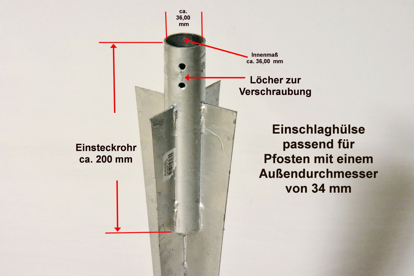 Bodenhülse-Einschlaghülse-Pfostenträger Typ COMPACT für Pfosten 34 mm Ø