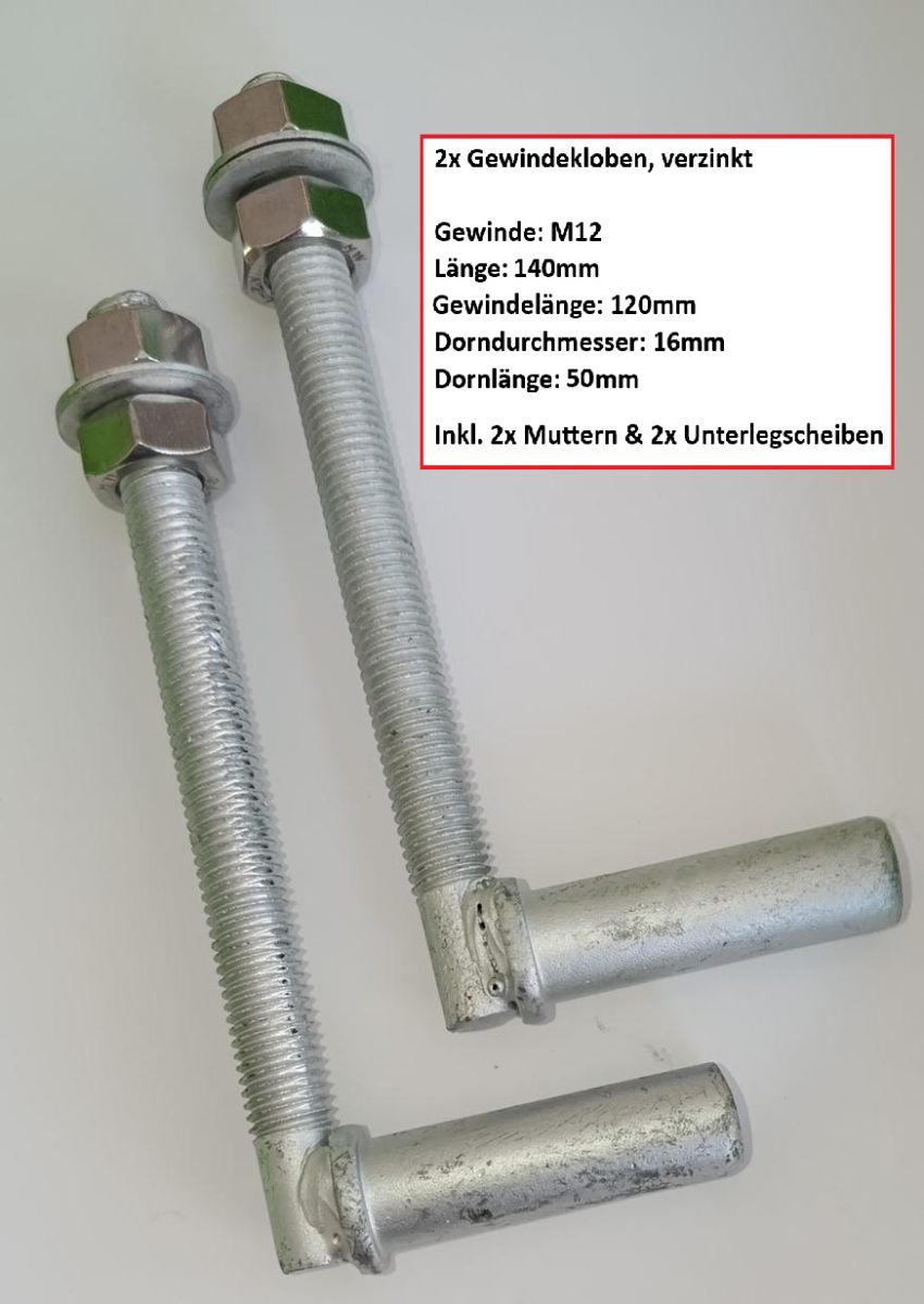 Gewindekloben Set - Verzinkt - Länge 140mm - Dorndurchmesser 16mm