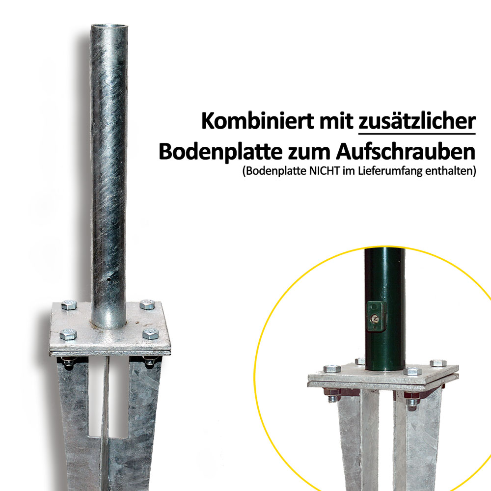 55+ Zaun Mit Bodenhülsen, Diese bodenhülse ist mit einer kopfplatte