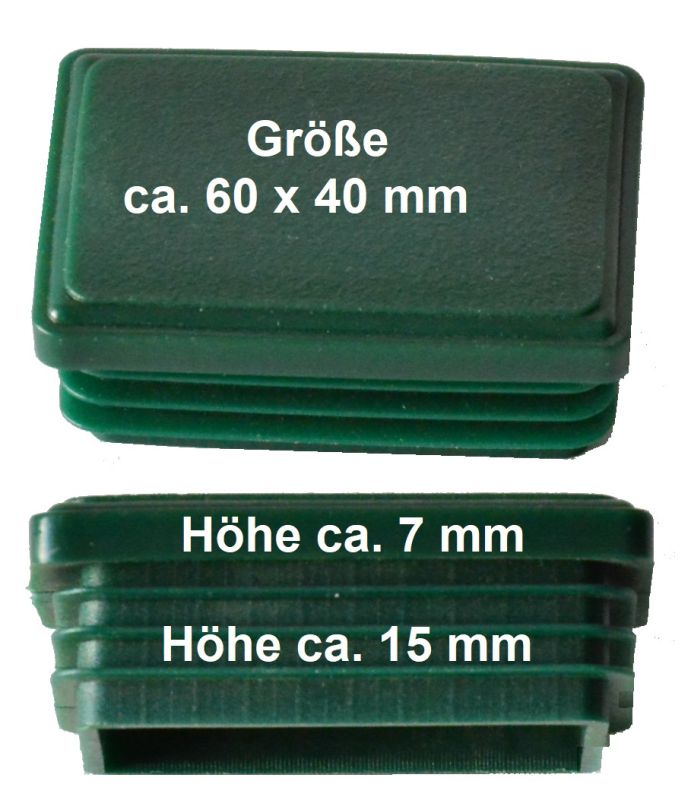 25 x Pfostenkappe - Grün - 60x40 mm - Endkappen, Rohrkappen, Verschlußkappen, Doppelstabpfosten, Metalzaunkappen, Lamellenstopfen für Rechteckrohre, Rohrstopfen Rechteckig